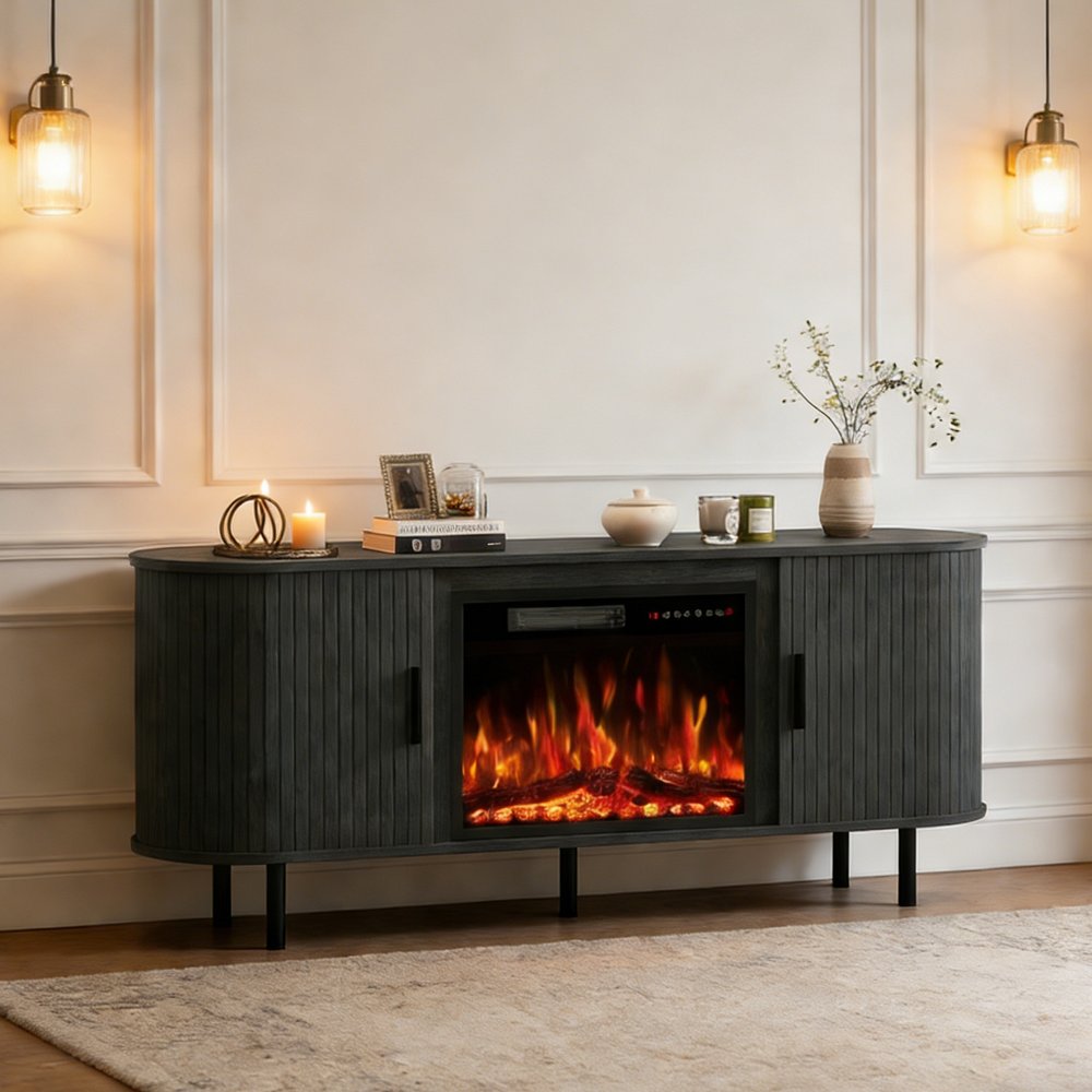 Black Wood Fireplace Entertainment Center with Fireplace - 65-inch