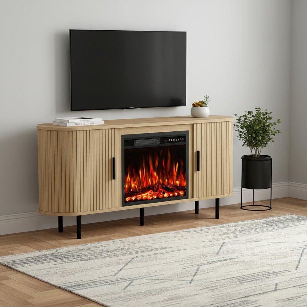 White Wood Fireplace Entertainment Center with Fireplace - 65-inch