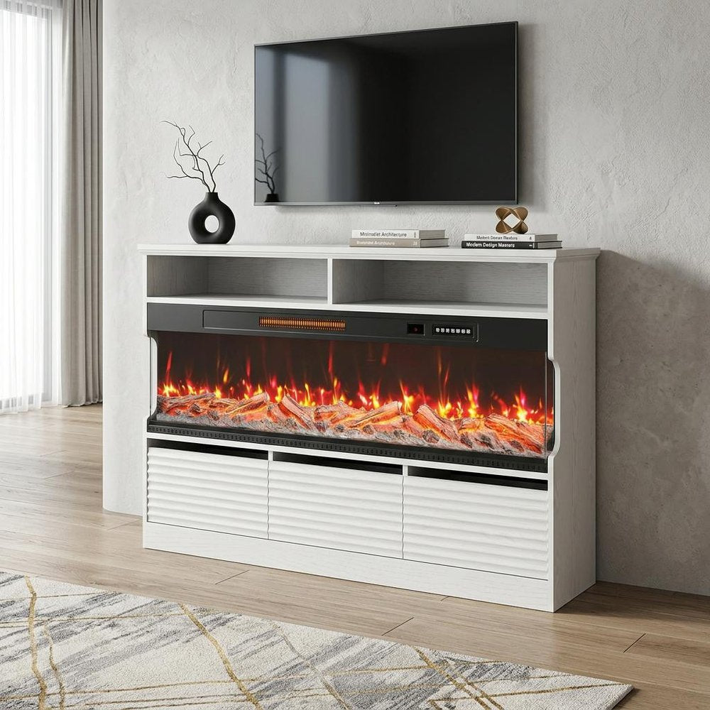 White Wood Fireplace Entertainment Center with Fireplace - 53-inch