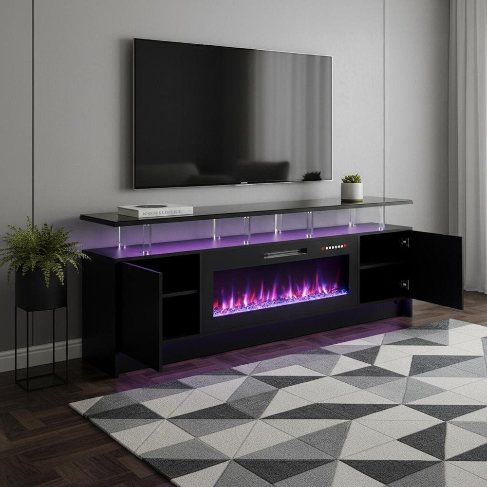 Black Wood Fireplace Entertainment Center with Fireplace - 80-inch
