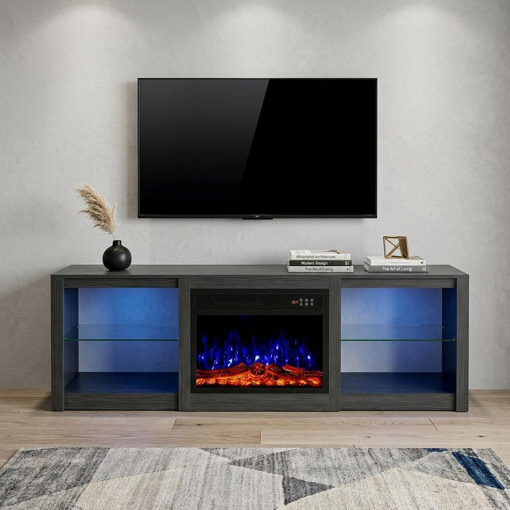 Black Wood Fireplace Entertainment Center with Fireplace - 70-inch
