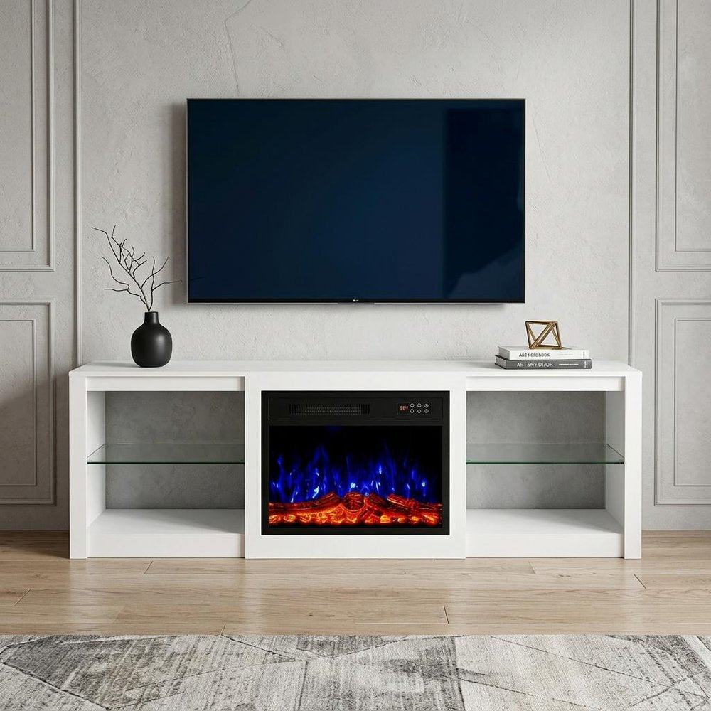 White Wood Fireplace Entertainment Center with Fireplace - 70-inch