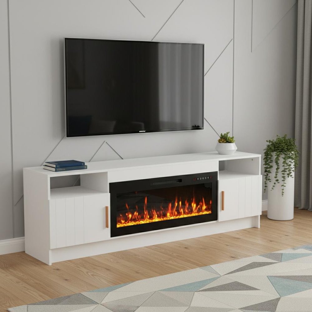 White Wood Fireplace Entertainment Center with Fireplace - 70-inch