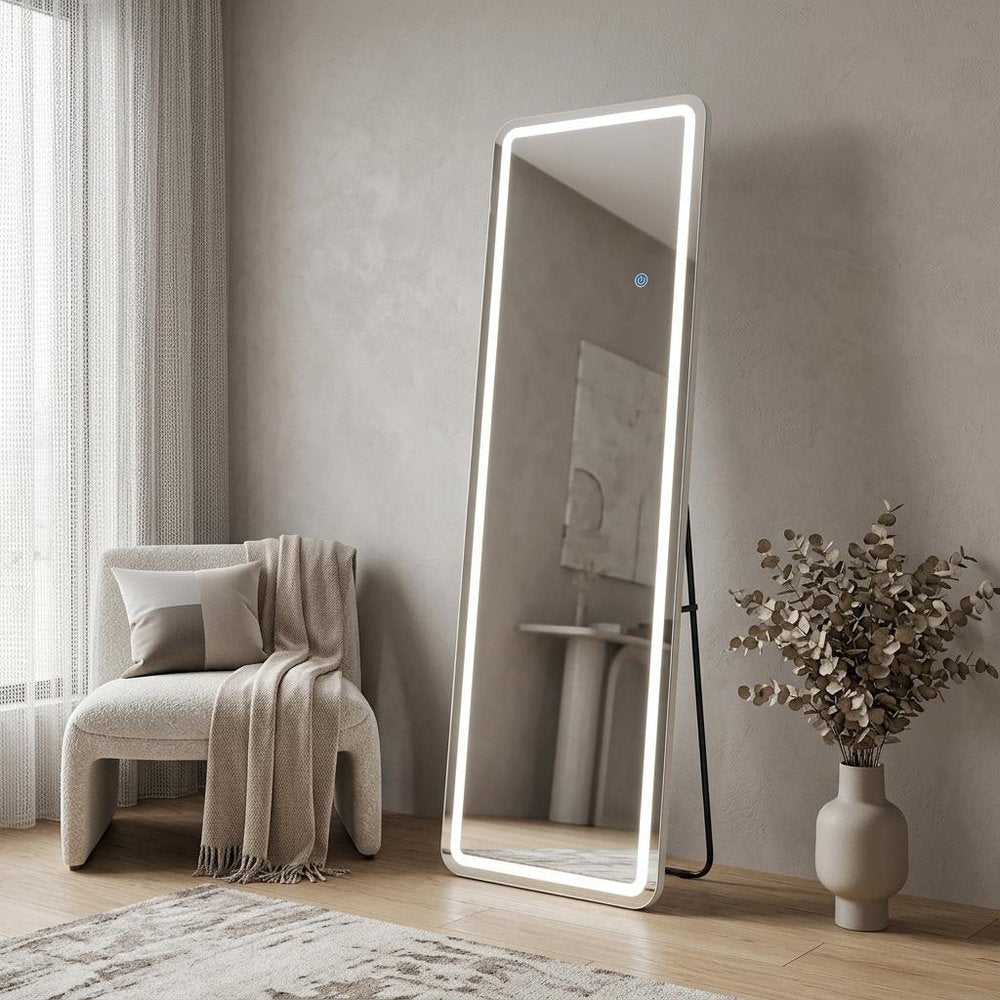 Silver Lighted Freestanding and Wall Mounted Framed Full Length Mirror - 60-inch