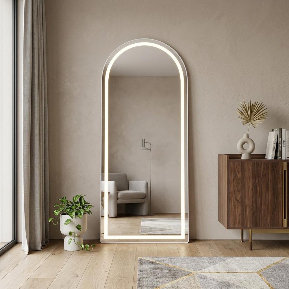 Silver Arch Lighted Freestanding and Wall Mounted Framed Full Length Mirror