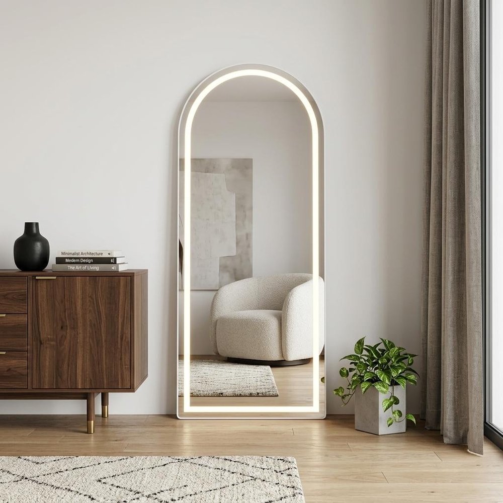 Silver Arch Lighted Freestanding and Wall Mounted Framed Full Length Mirror