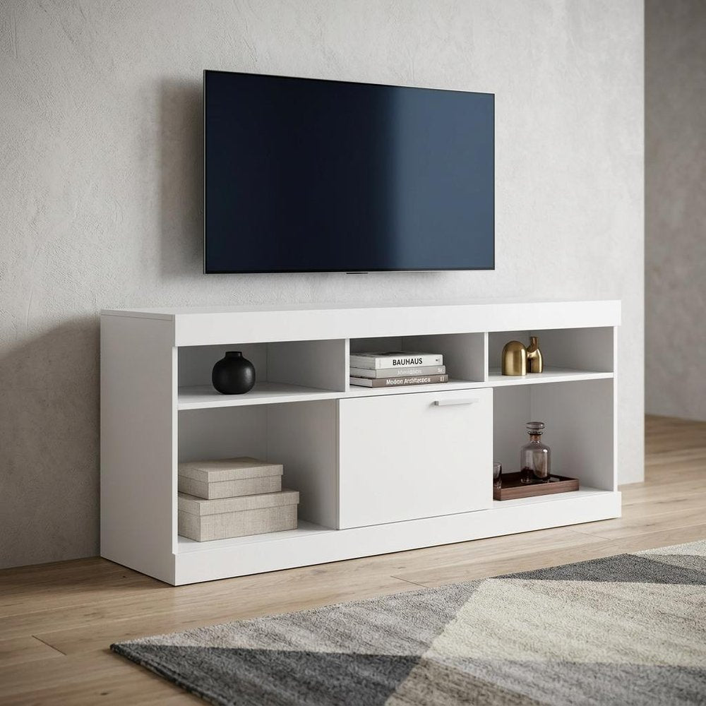 White Wood Enclosed and Open Storage TV Stand - 61-inch