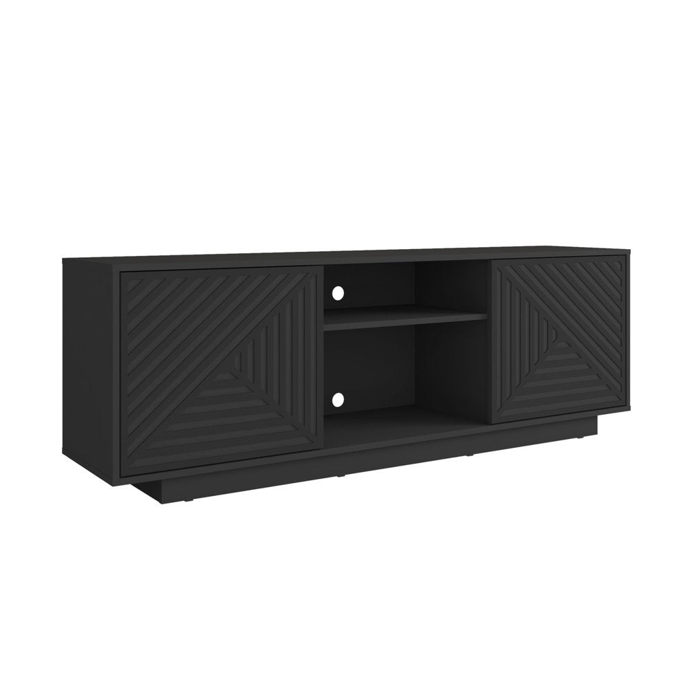 Black Ribbed Texture Wood Enclosed and Open Storage TV Stand - 63-inch