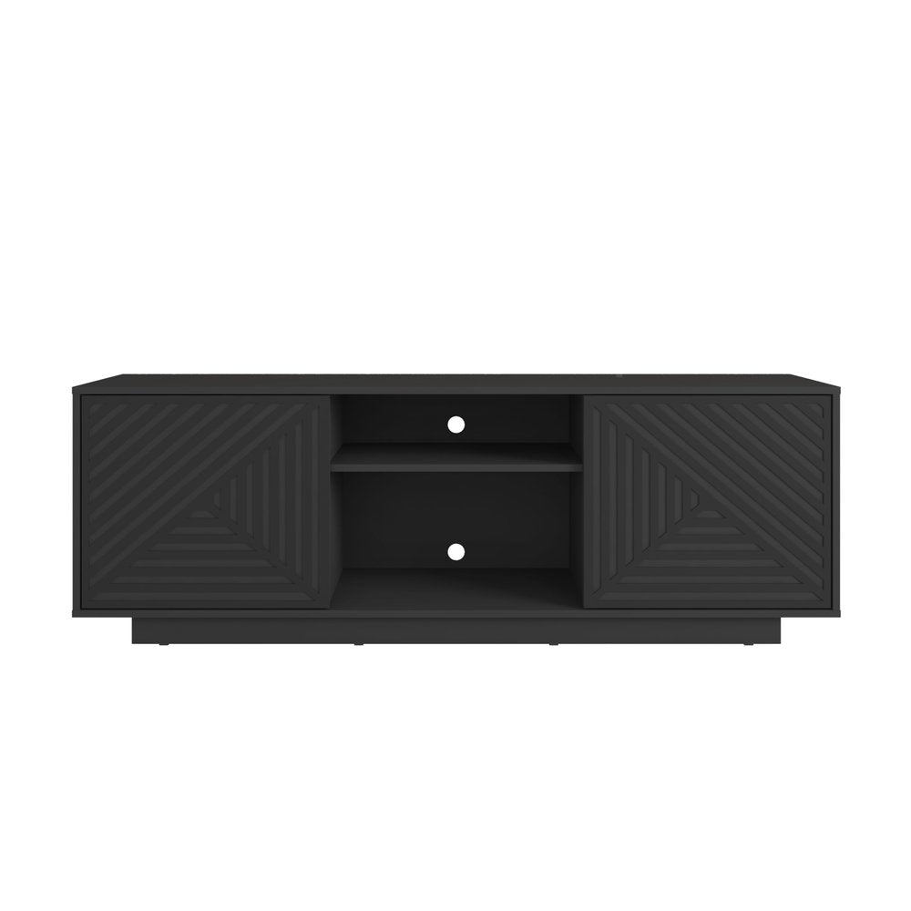 Black Ribbed Texture Wood Enclosed and Open Storage TV Stand - 63-inch
