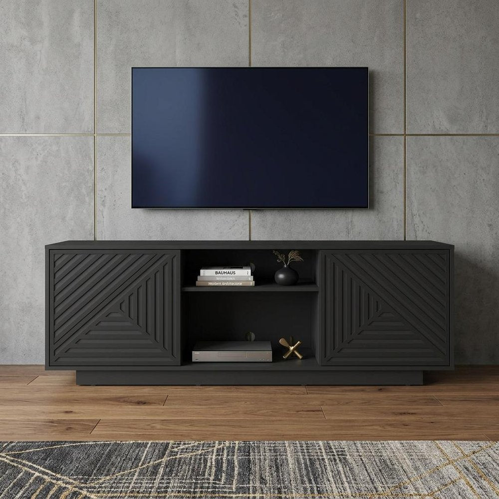Black Ribbed Texture Wood Enclosed and Open Storage TV Stand - 63-inch