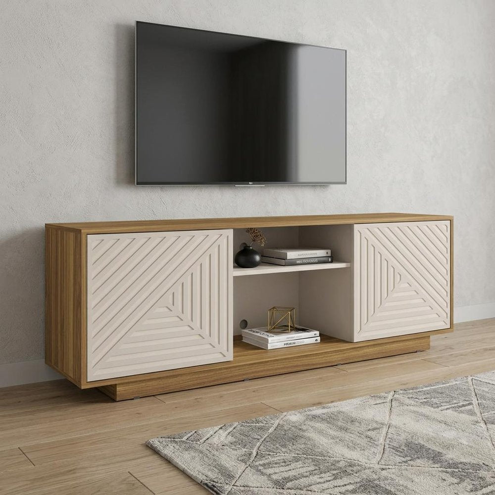 Oak and White Ribbed Texture Wood Enclosed and Open Storage TV Stand