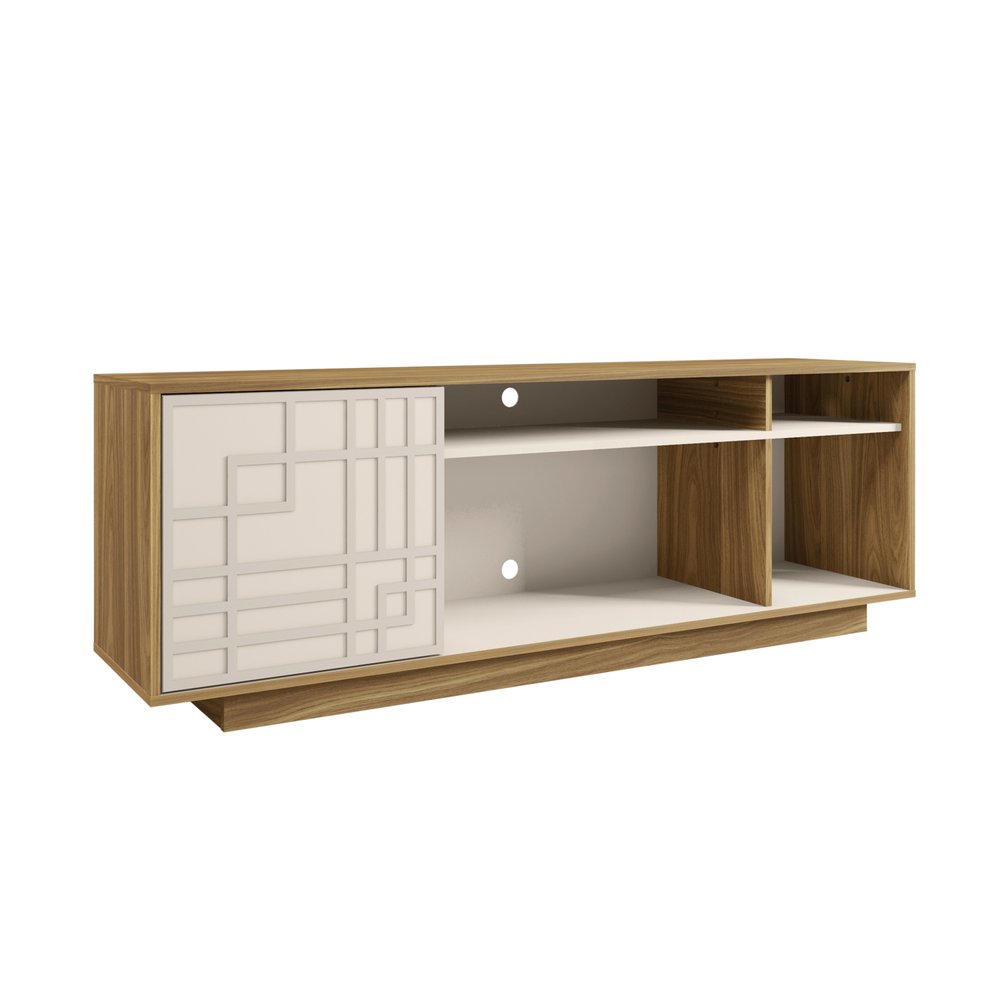 Oak and White Carved Geometric Wood Enclosed and Open Storage TV Stand
