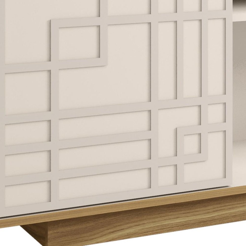 Oak and White Carved Geometric Wood Enclosed and Open Storage TV Stand