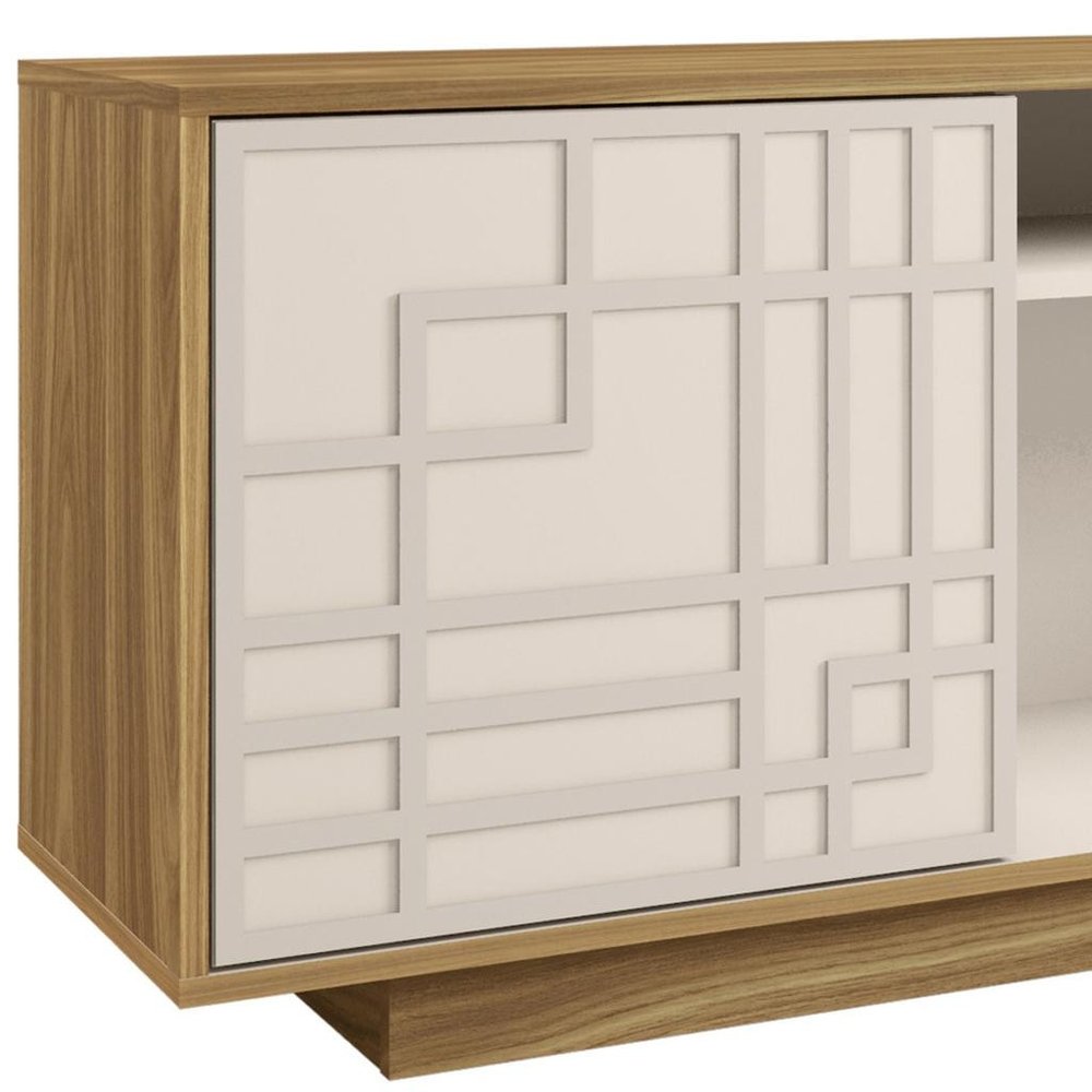 Oak and White Carved Geometric Wood Enclosed and Open Storage TV Stand