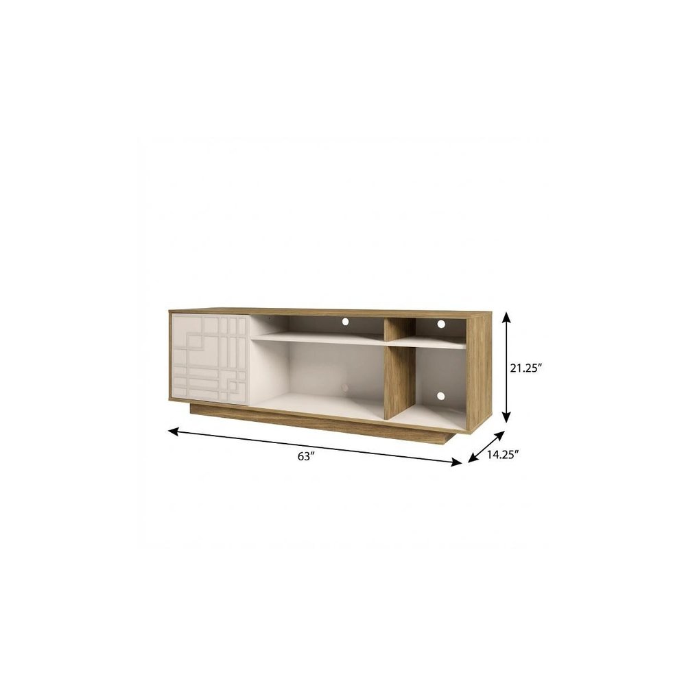 Oak and White Carved Geometric Wood Enclosed and Open Storage TV Stand