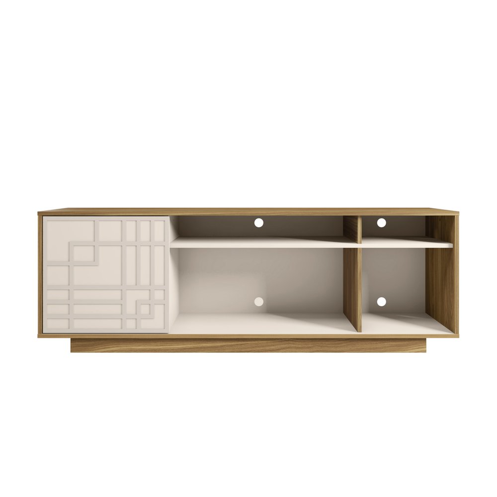 Oak and White Carved Geometric Wood Enclosed and Open Storage TV Stand