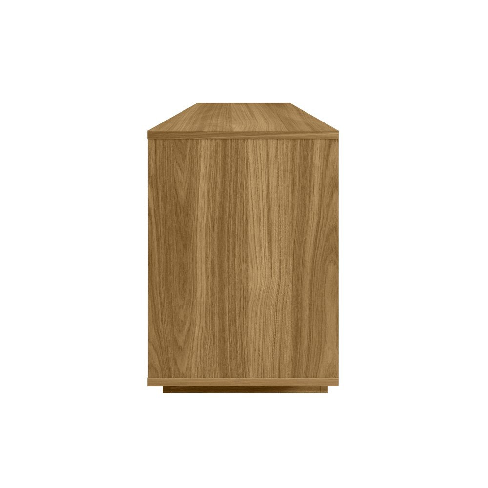 Oak and White Carved Geometric Wood Enclosed and Open Storage TV Stand
