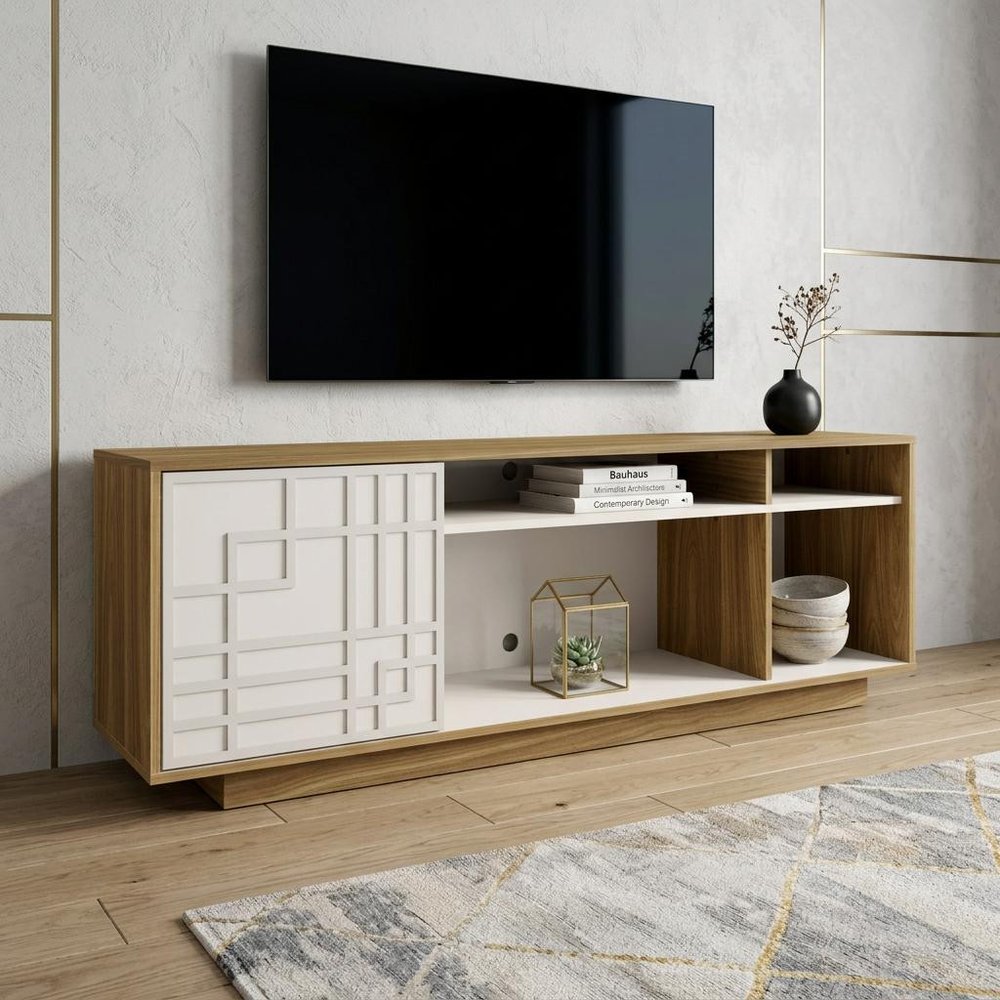 Oak and White Carved Geometric Wood Enclosed and Open Storage TV Stand