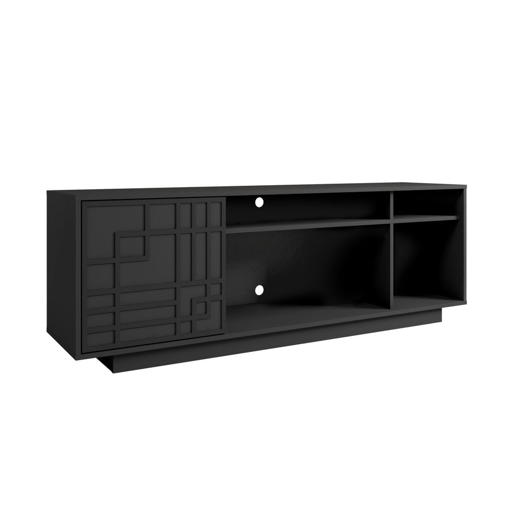 Black Carved Geometric Wood Enclosed and Open Storage TV Stand