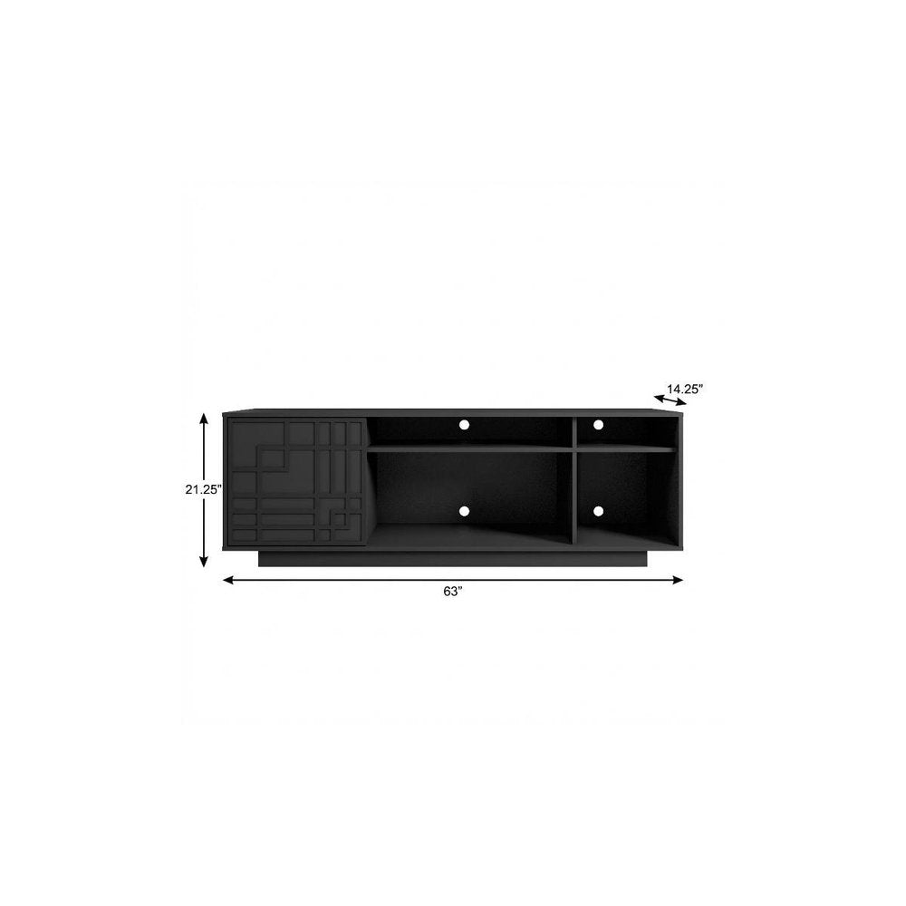 Black Carved Geometric Wood Enclosed and Open Storage TV Stand