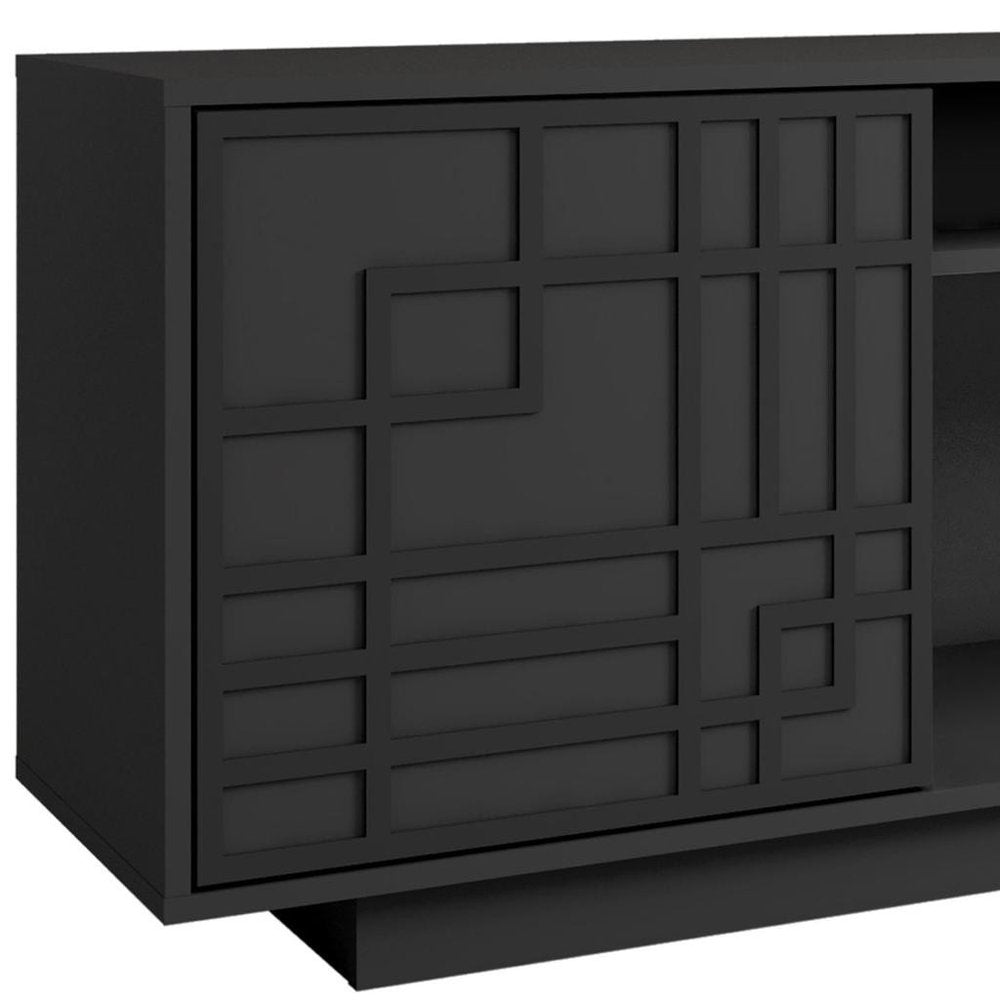Black Carved Geometric Wood Enclosed and Open Storage TV Stand