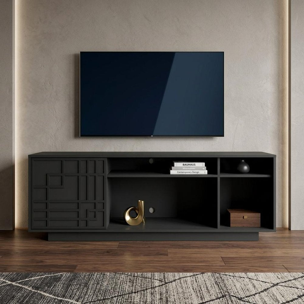 Black Carved Geometric Wood Enclosed and Open Storage TV Stand
