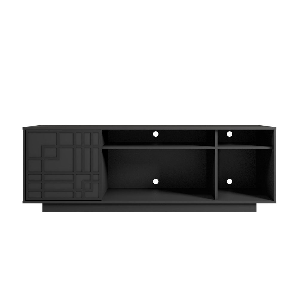 Black Carved Geometric Wood Enclosed and Open Storage TV Stand