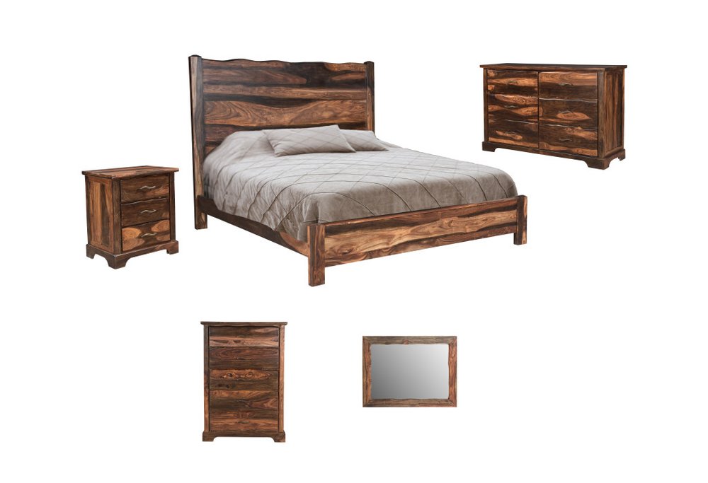 Five Piec Dark Brown Solid Wood Bedroom Set with Mirror