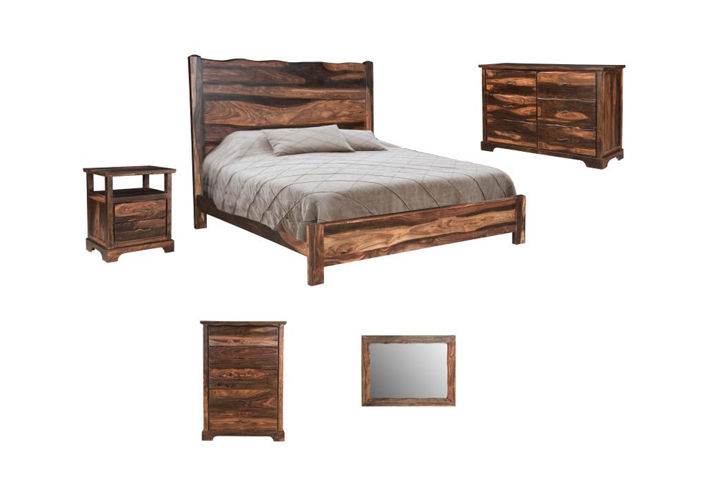 Five Piec Dark Brown Solid Wood Bedroom Set with Mirror