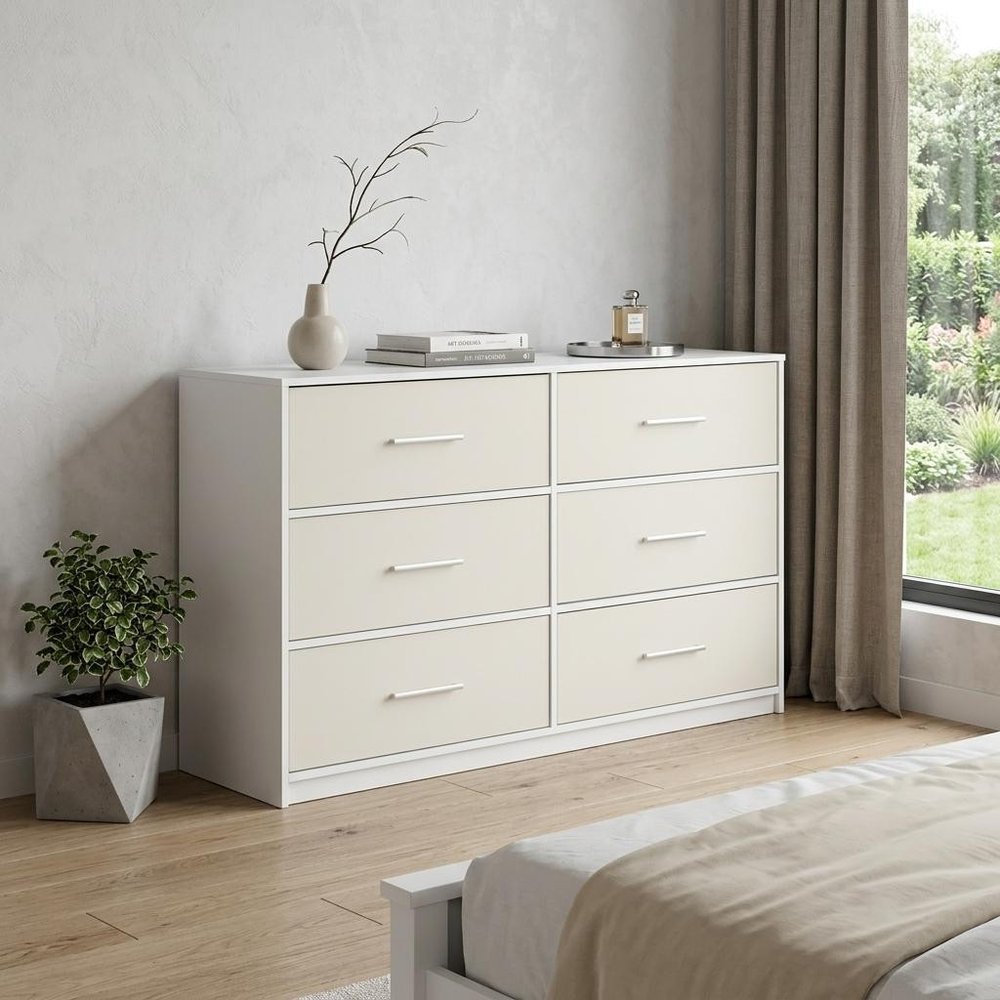 White Fabric Wood and Steel Six Drawer Double Dresser - 45-inch
