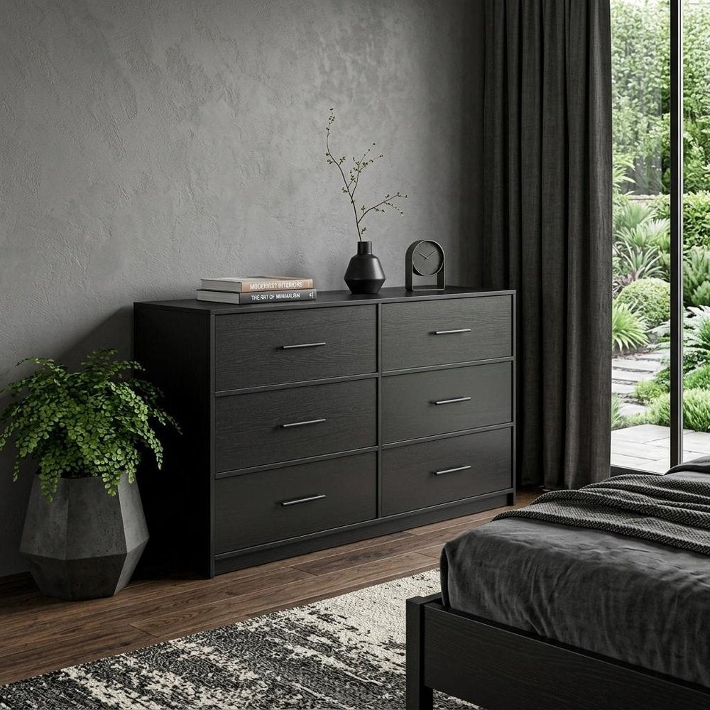 Black Fabric Wood and Steel Six Drawer Double Dresser - 45-inch