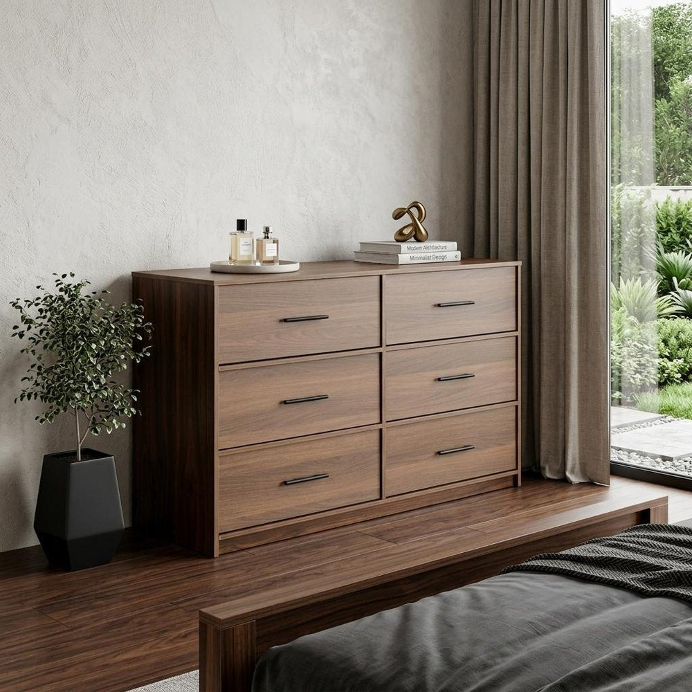 Walnut Fabric Wood and Steel Six Drawer Double Dresser - 45-inch