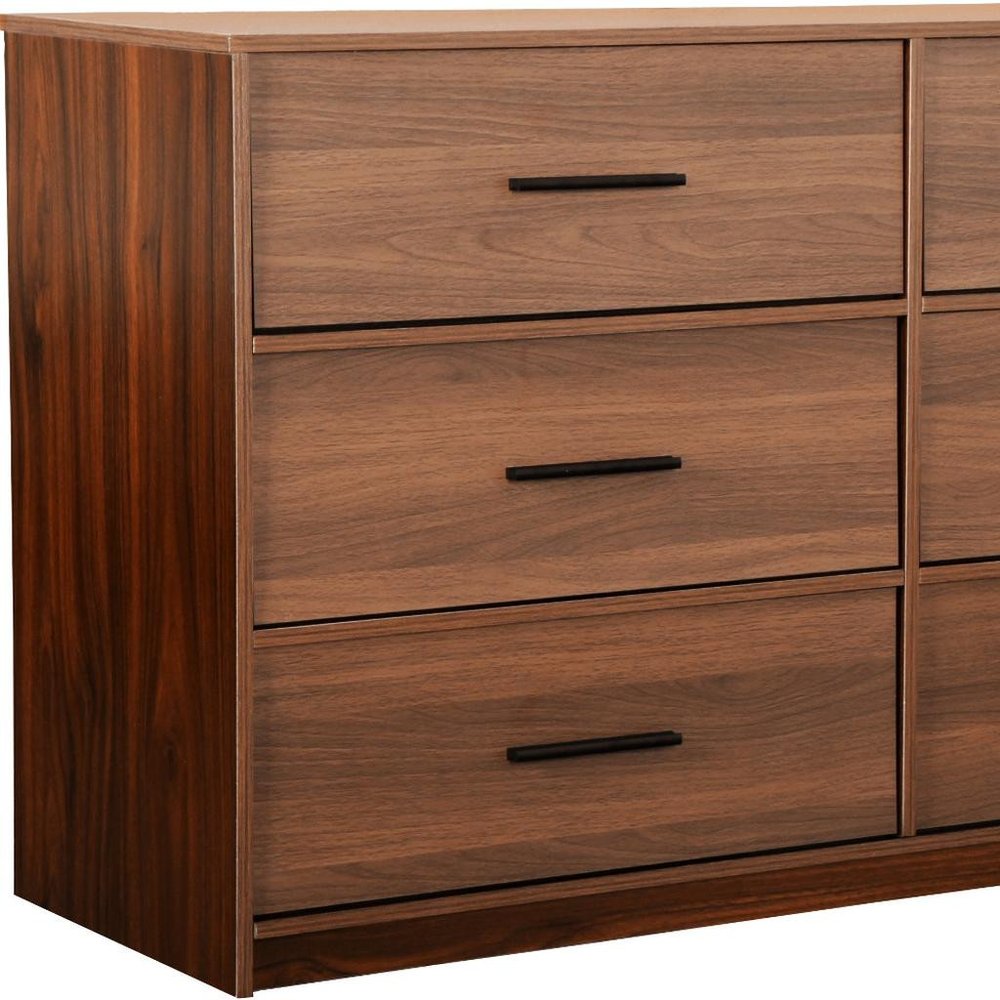 Walnut Fabric Wood and Steel Six Drawer Double Dresser - 45-inch