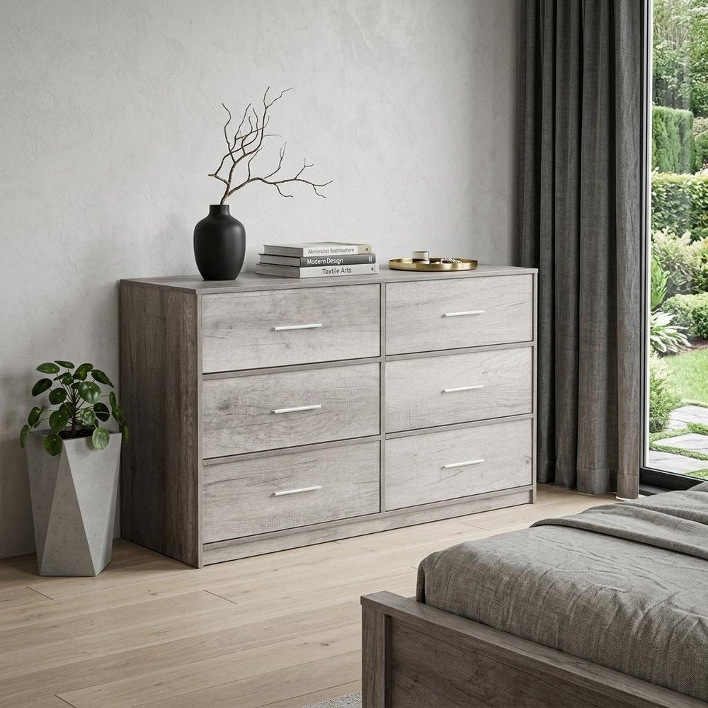 Gray Fabric Wood and Steel Six Drawer Double Dresser - 45-inch