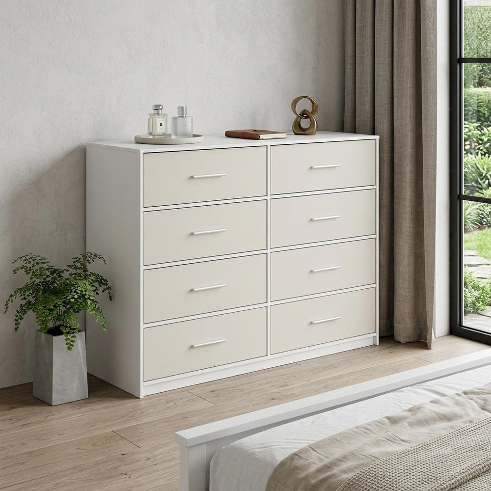 White Fabric Wood and Steel Eight Drawer Double Dresser - 45-inch