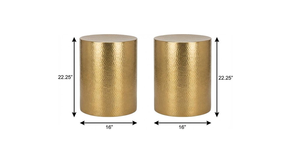 Set of Two Gold Iron Round Drum End Tables