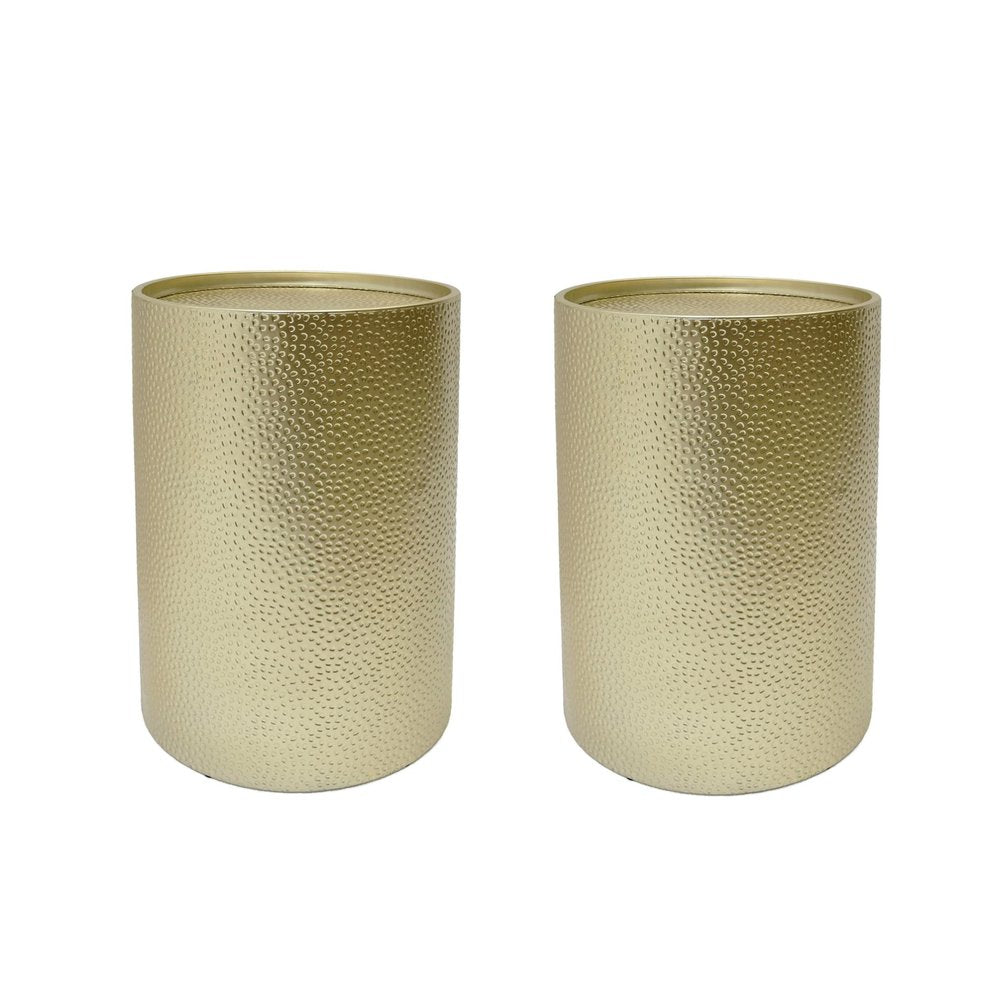 Set of Two Gold Iron Round Drum End Tables