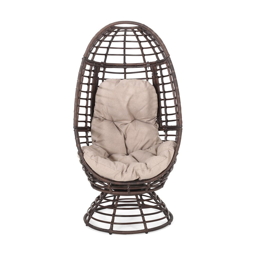 Beige Metal Outdoor Egg Chair with Brown Cushion - 31-inch