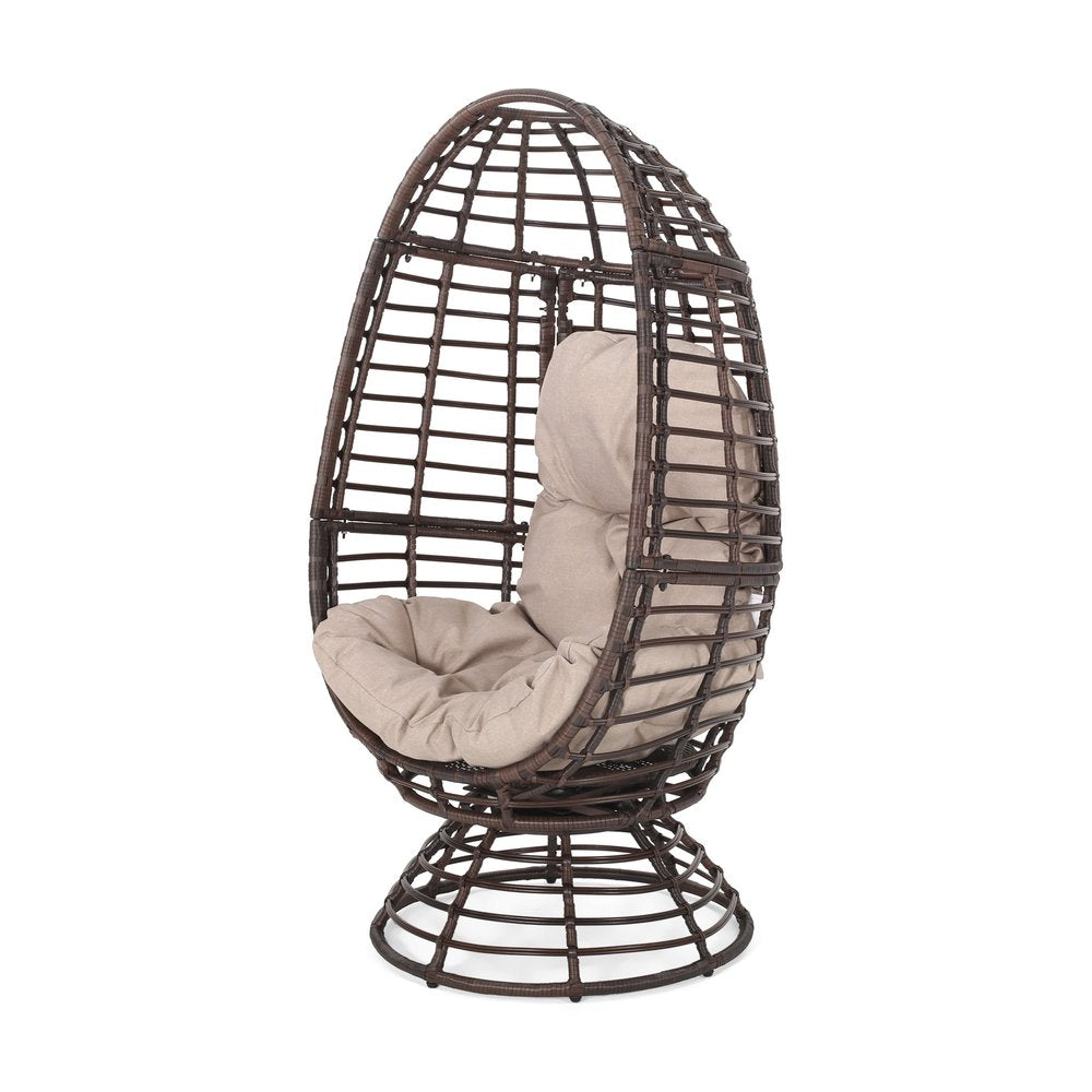 Beige Metal Outdoor Egg Chair with Brown Cushion - 31-inch