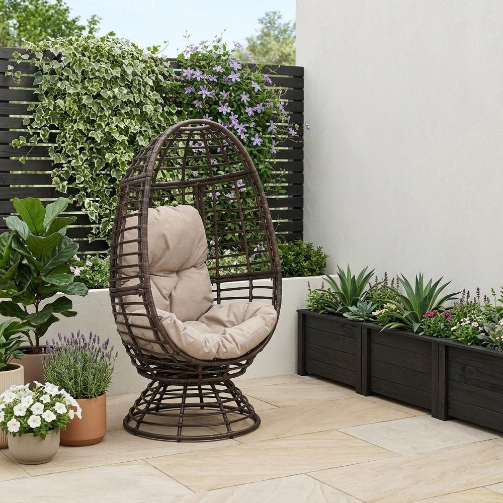 Beige Metal Outdoor Egg Chair with Brown Cushion - 31-inch