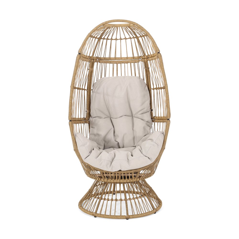 White Metal Outdoor Egg Chair with Beige Cushion - 31-inch