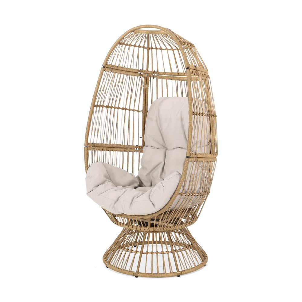 White Metal Outdoor Egg Chair with Beige Cushion - 31-inch