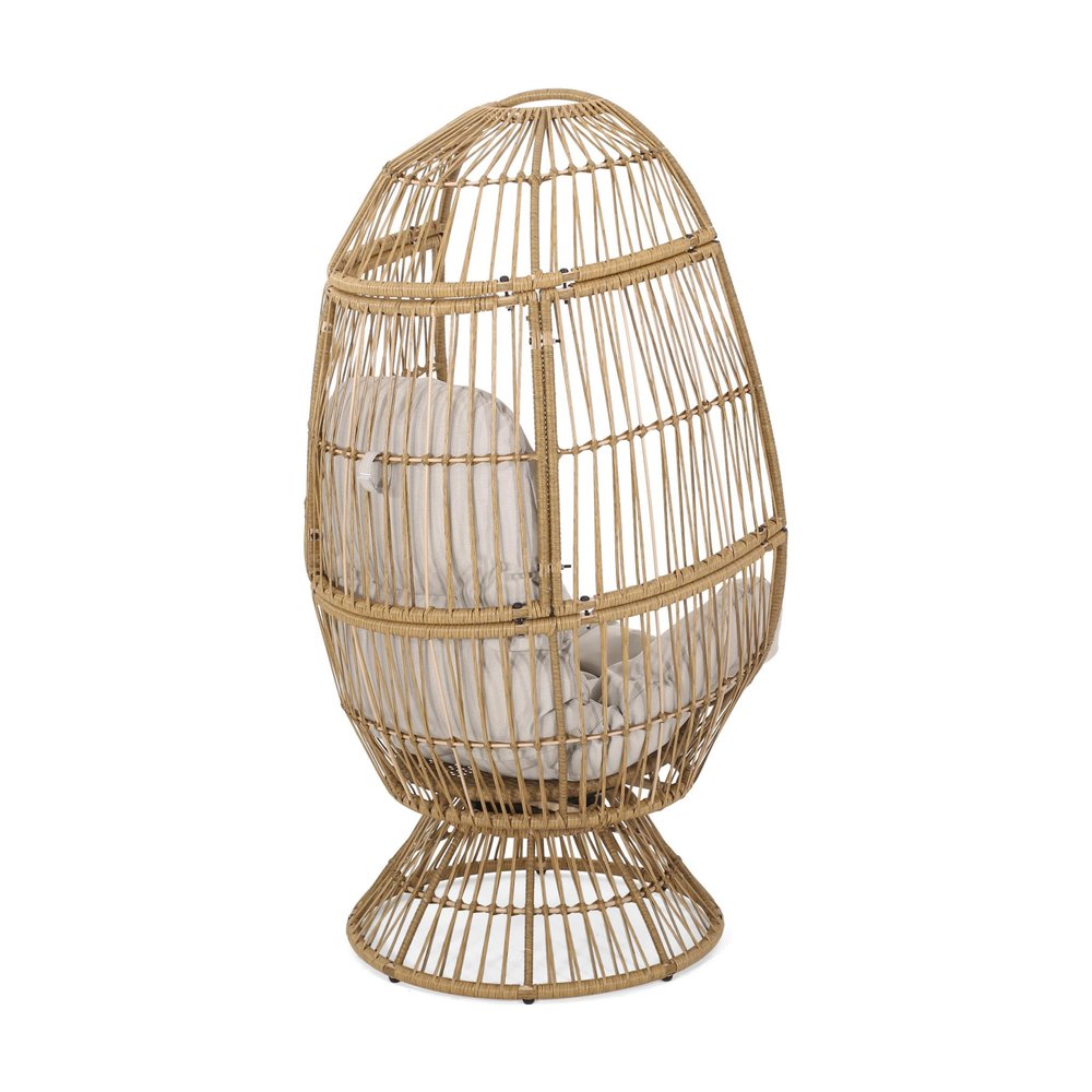 White Metal Outdoor Egg Chair with Beige Cushion - 31-inch