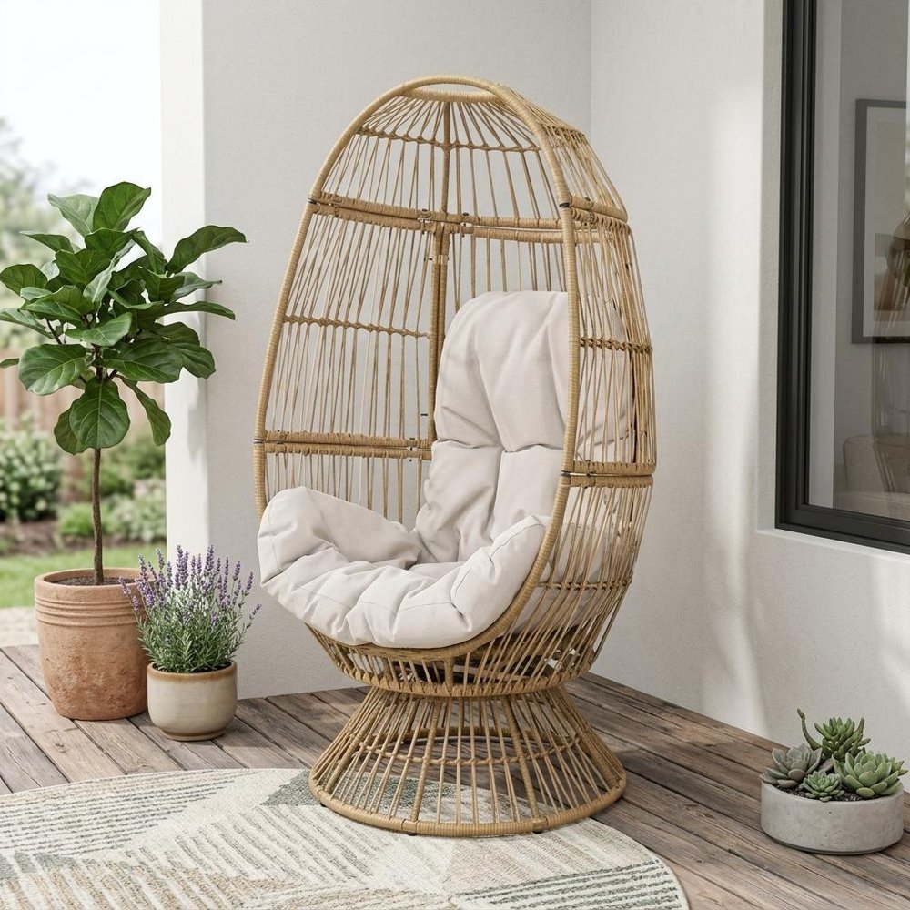 White Metal Outdoor Egg Chair with Beige Cushion - 31-inch