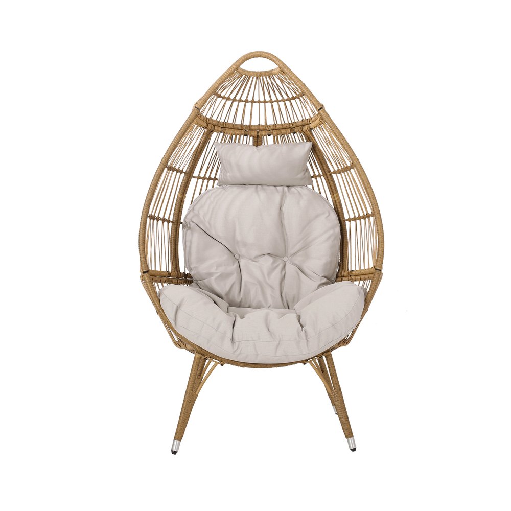 Beige Metal Outdoor Egg Chair with Beige Cushion - 37-inch