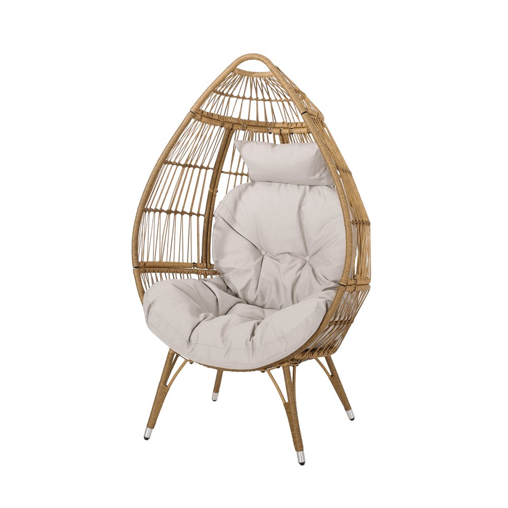 Beige Metal Outdoor Egg Chair with Beige Cushion - 37-inch
