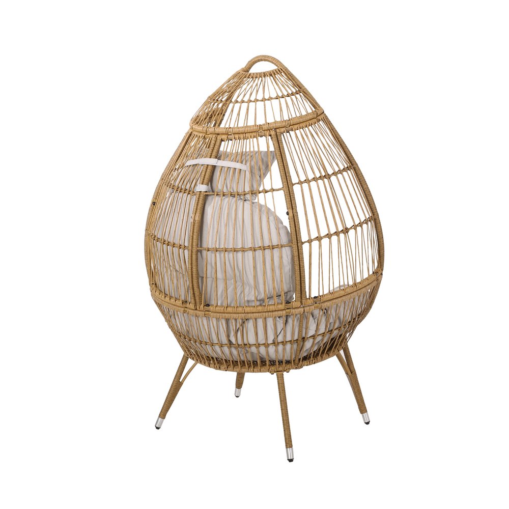 Beige Metal Outdoor Egg Chair with Beige Cushion - 37-inch