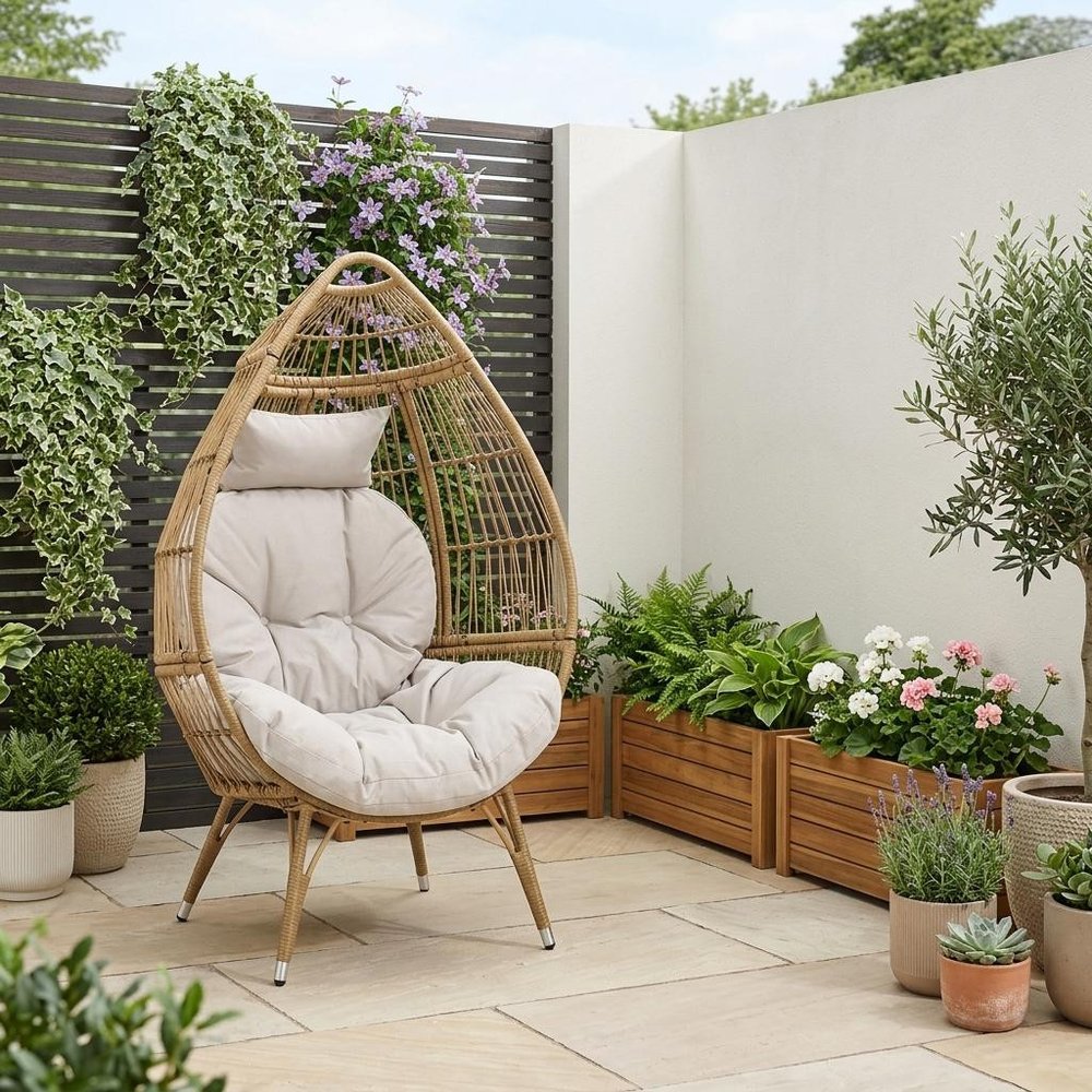 Beige Metal Outdoor Egg Chair with Beige Cushion - 37-inch