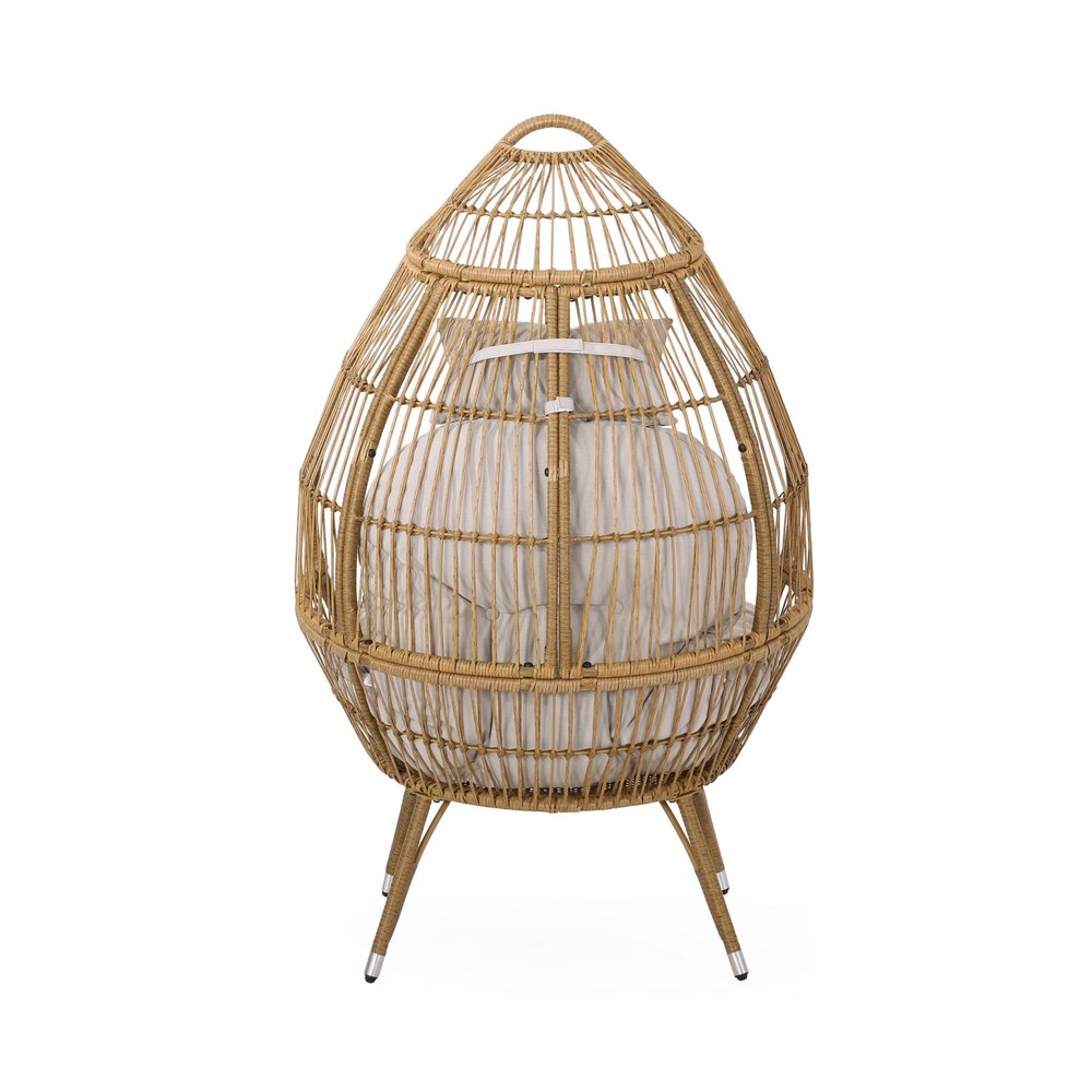 Beige Metal Outdoor Egg Chair with Beige Cushion - 37-inch