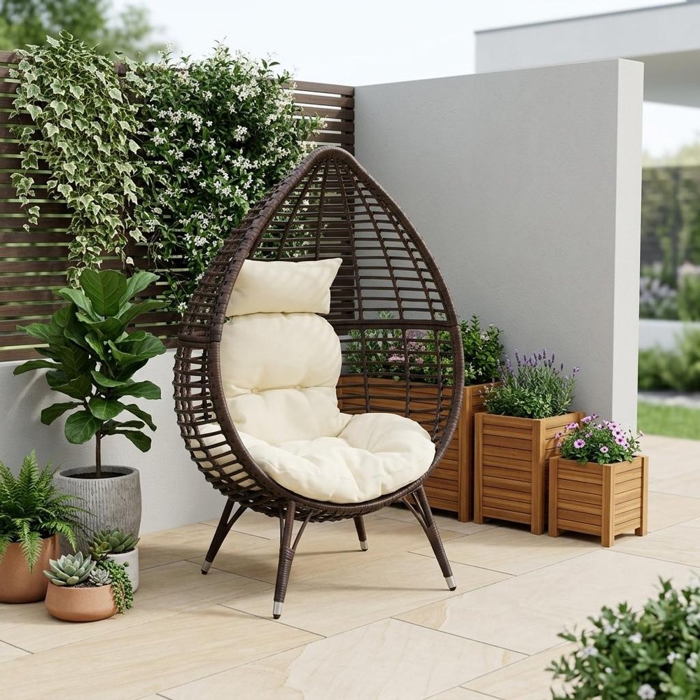 Beige Metal Outdoor Egg Chair with White Cushion - 39-inch